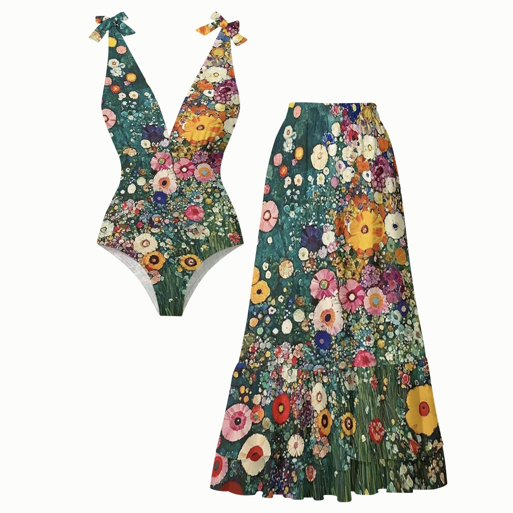 Gustav Klimt Impressionist Flower Oil Painting Print Skirt Swimsuit