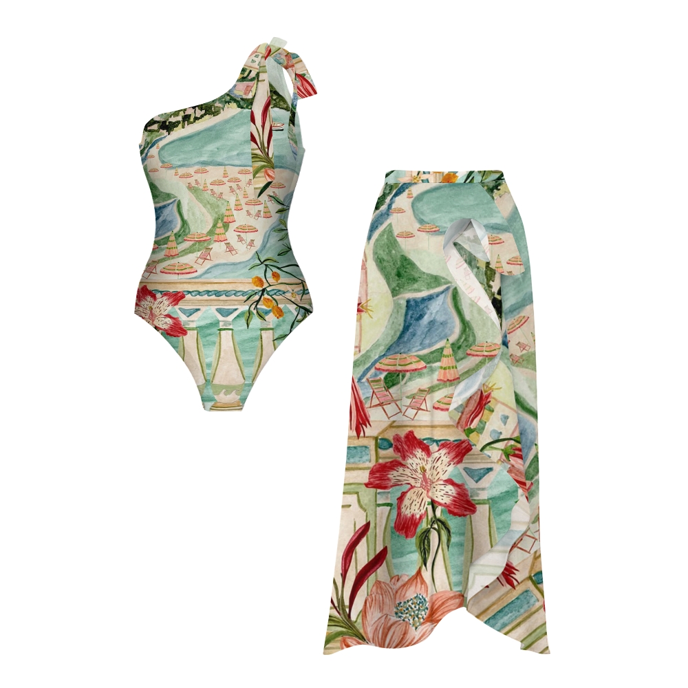 Coastal Resort Print One-Shoulder Tie Swimsuit with Ruffle Hem Skirt Set