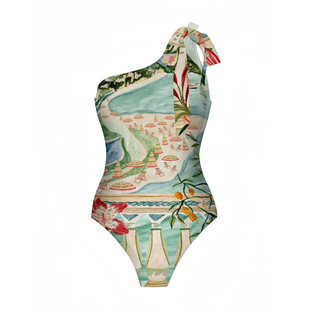 Coastal Resort Print One-Shoulder Tie Swimsuit with Ruffle Hem Skirt Set
