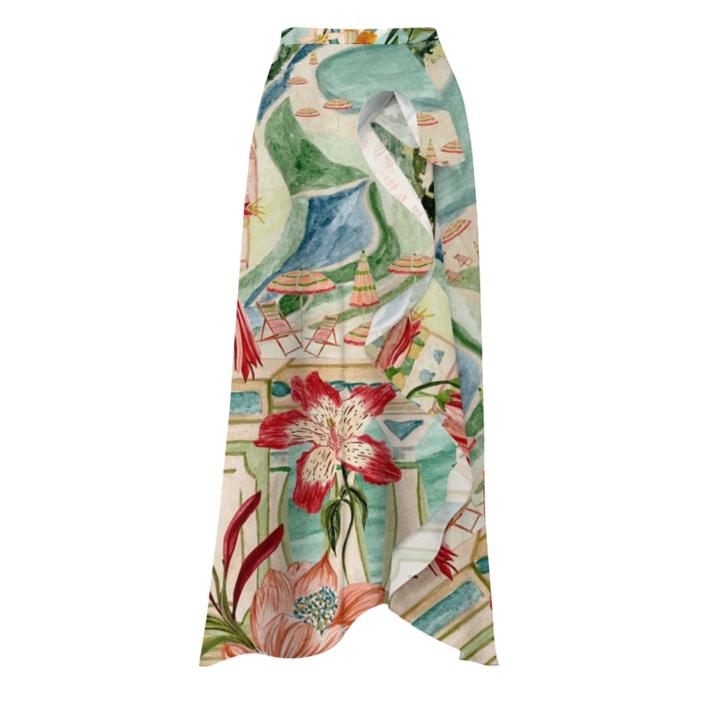 Coastal Resort Print One-Shoulder Tie Swimsuit with Ruffle Hem Skirt Set