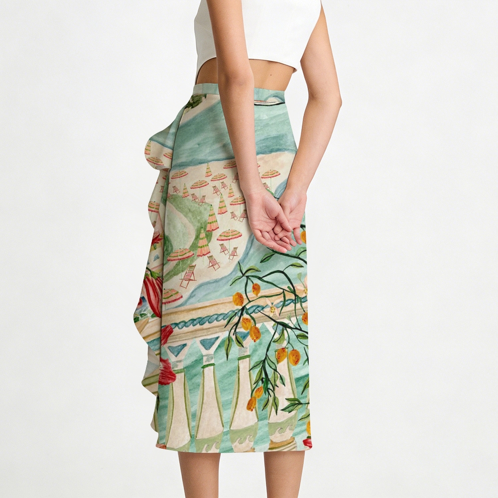 Coastal Resort Print One-Shoulder Tie Swimsuit with Ruffle Hem Skirt Set