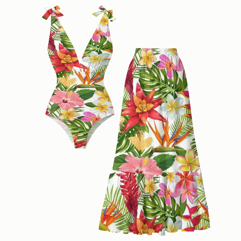 Tropical Bird of Paradise Hibiscus Print Skirt Swimsuit