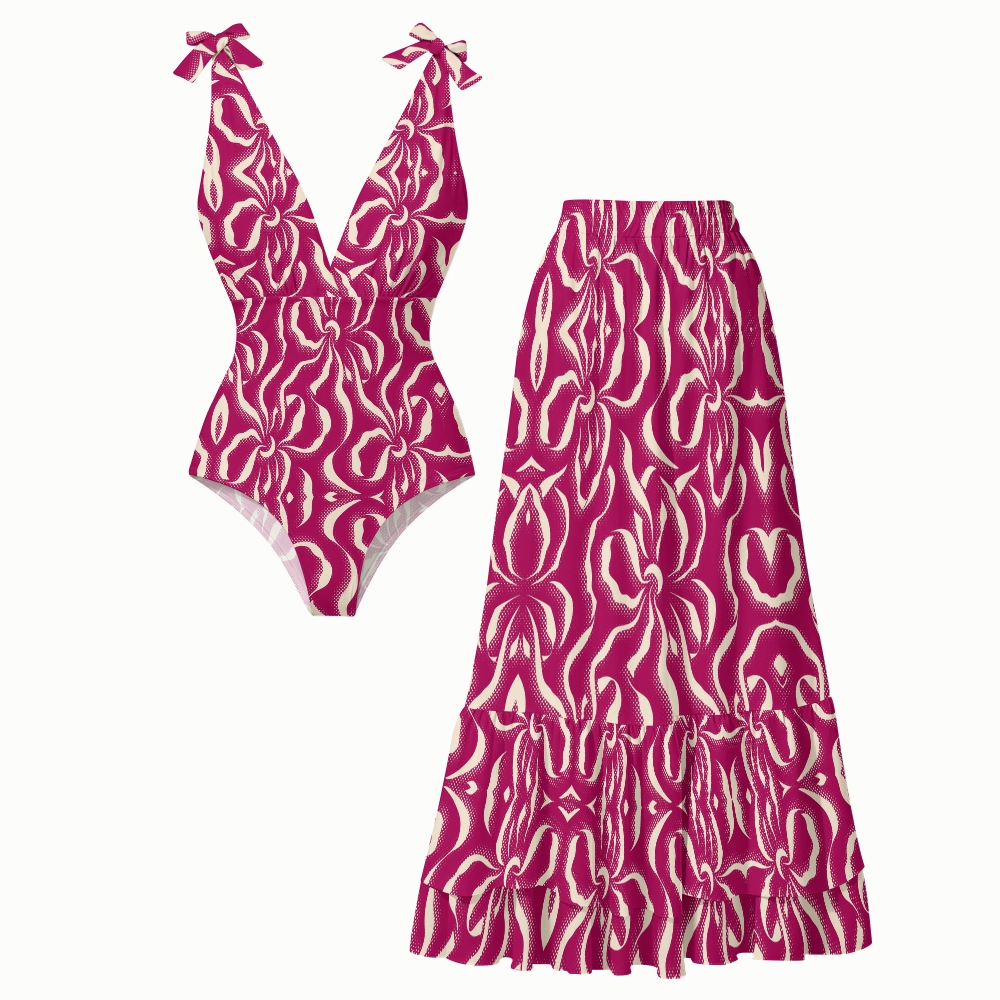 Retro Pop Abstract Floral Spaghetti Strap Skirt Swimsuit