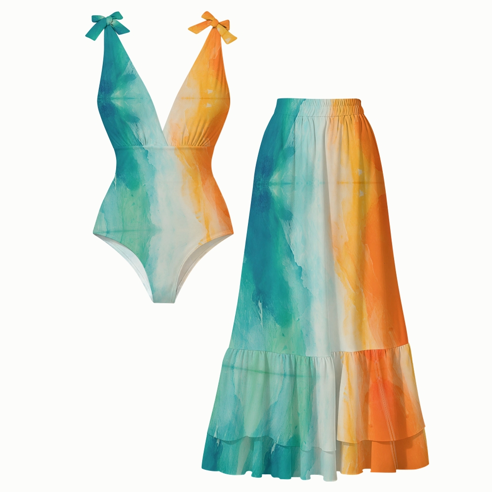 Impressionist Ocean Blue Orange Gradient Watercolor Skirt Swimsuit
