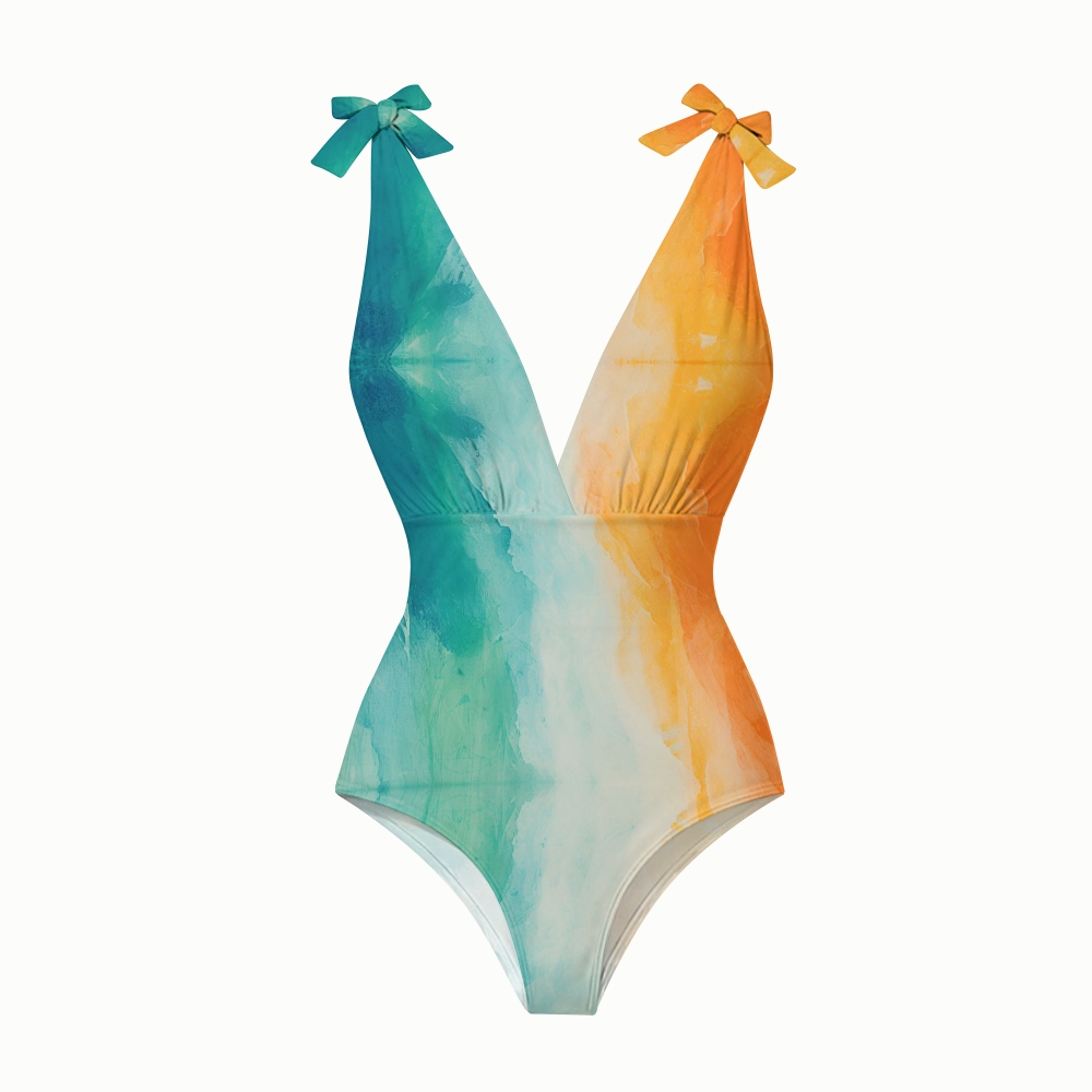 Impressionist Ocean Blue Orange Gradient Watercolor Skirt Swimsuit