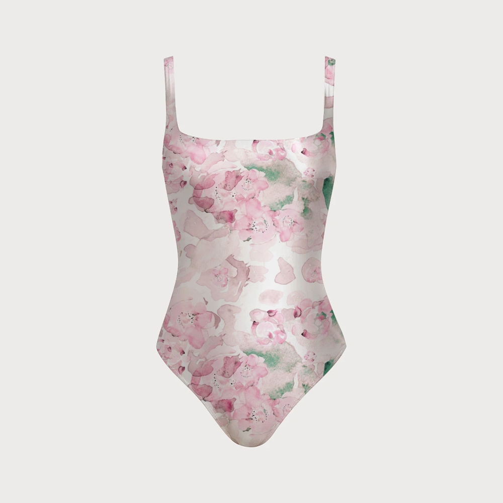 Women's Watercolor Flower Print One-piece With Back Mesh Knot