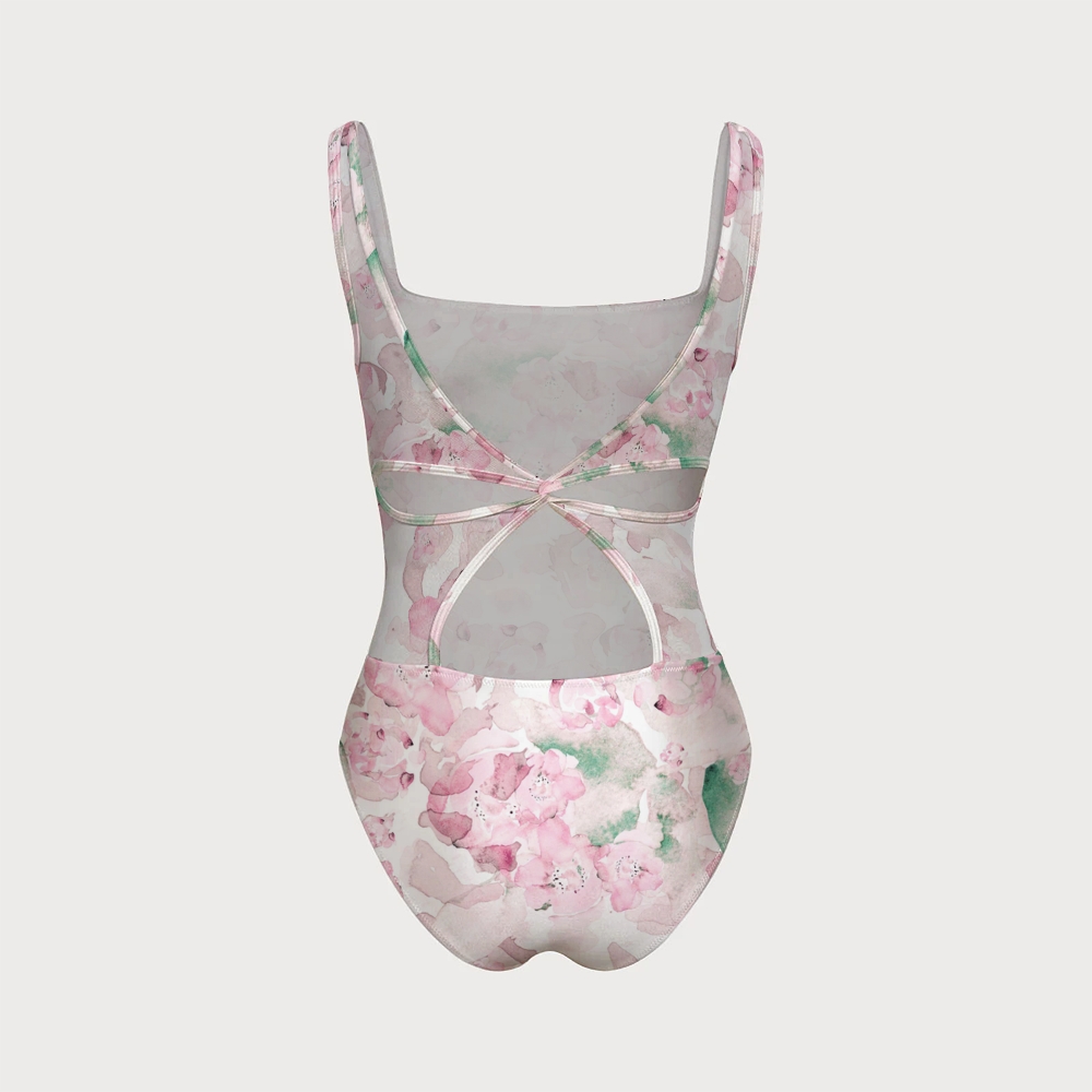 Women's Watercolor Flower Print One-piece With Back Mesh Knot