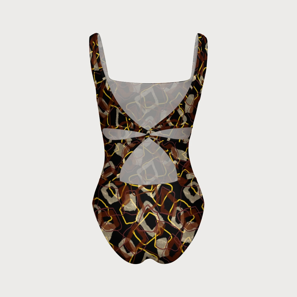 Women's Geometric Print One-piece With Back Mesh Knot