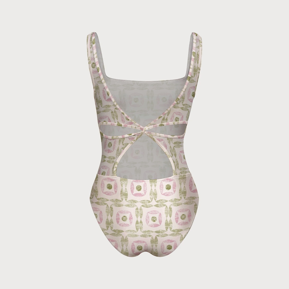 Women's Pink & Green Geometric Print One-piece With Back Mesh Knot