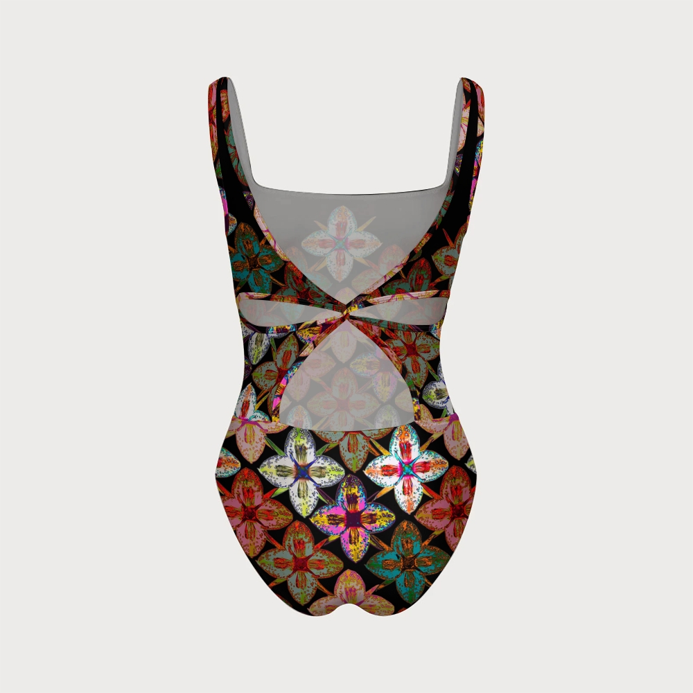 Women's Vibrant Floral Print One-piece With Back Mesh Knot