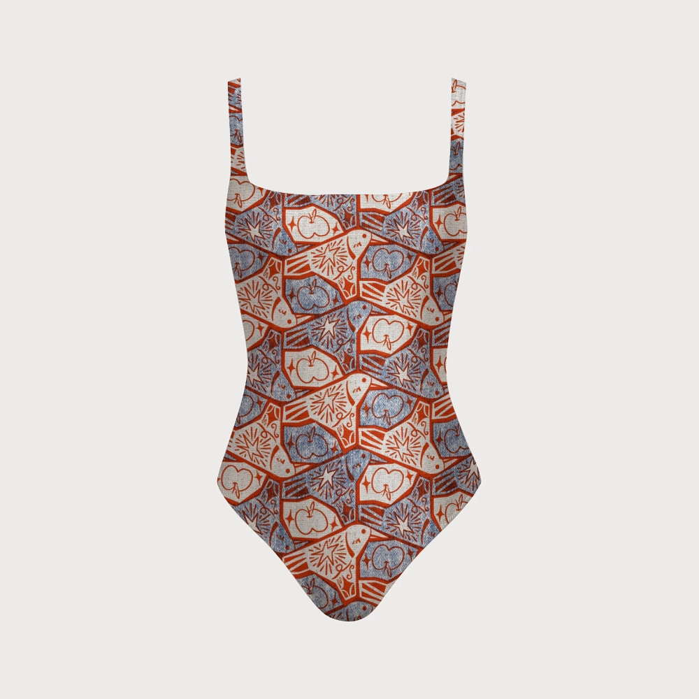 Women's Retro Apple Print One-piece With Back Mesh Knot