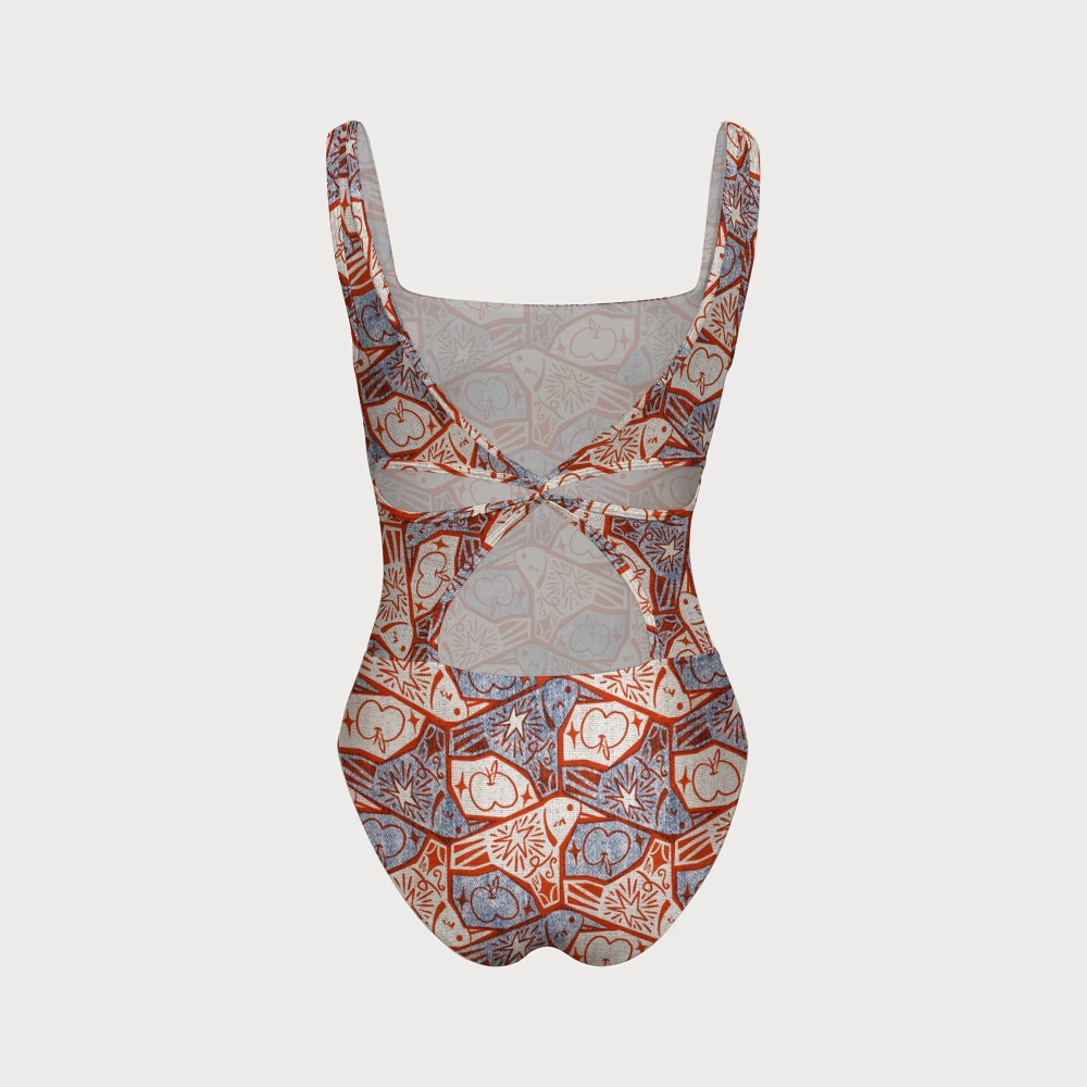 Women's Retro Apple Print One-piece With Back Mesh Knot