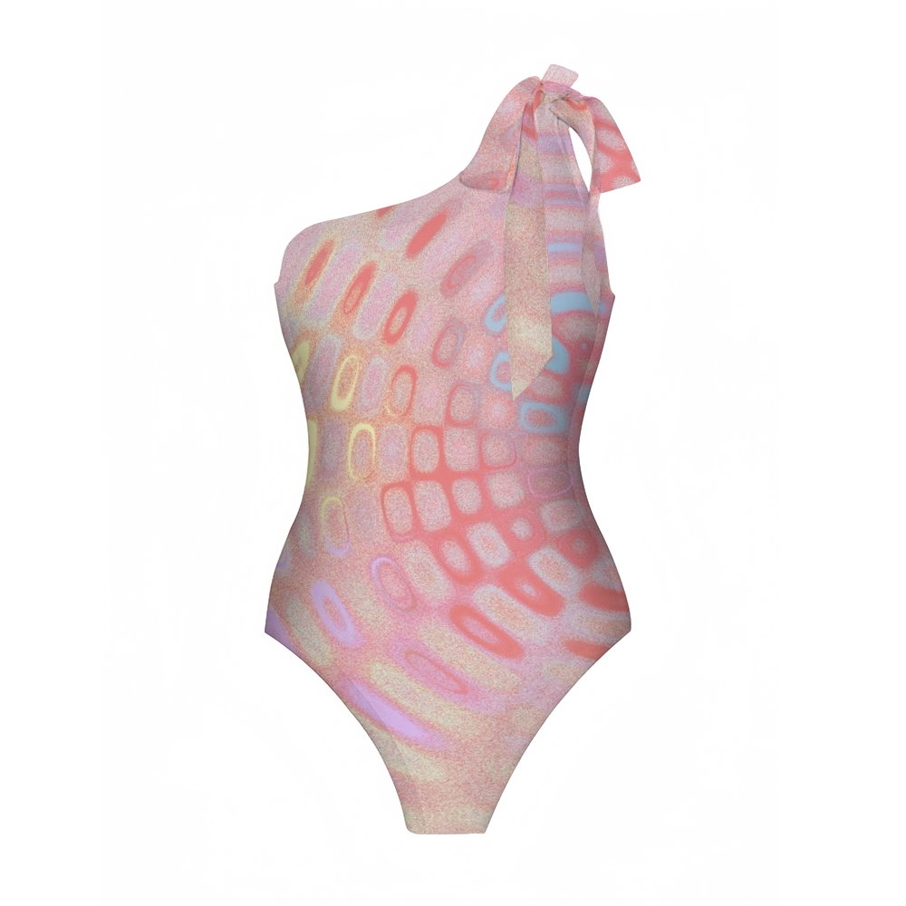 Soft Ring Print One-Shoulder Tie Swimsuit with Ruffle Skirt Set