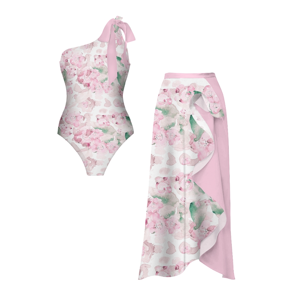 Watercolor Flower Print One-Shoulder Tie Swimsuit with Ruffle Skirt Set