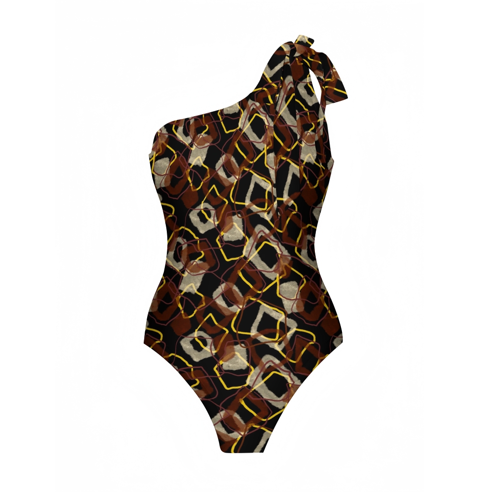 Geometric Print One-Shoulder Tie Swimsuit with Ruffle Skirt Set
