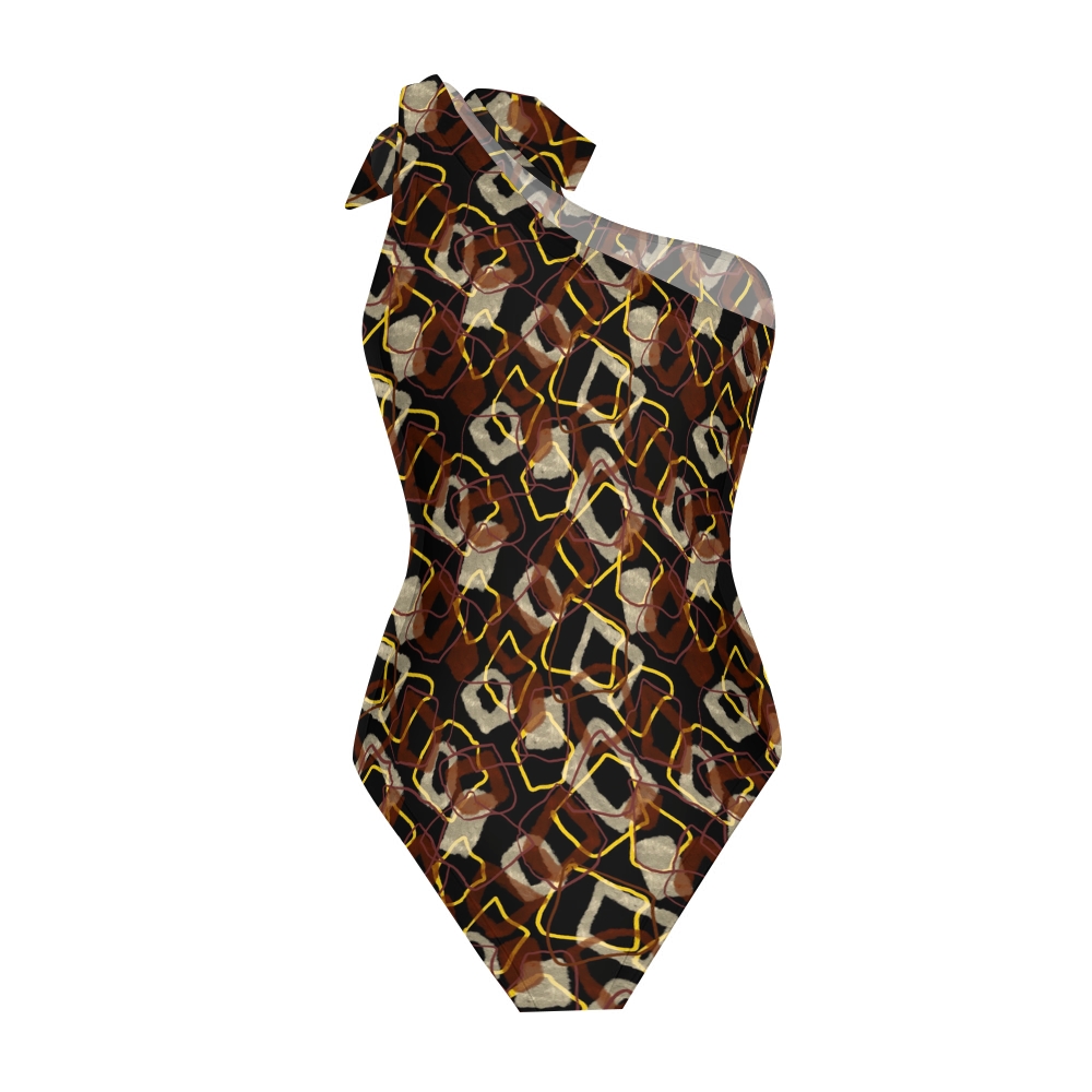 Geometric Print One-Shoulder Tie Swimsuit with Ruffle Skirt Set