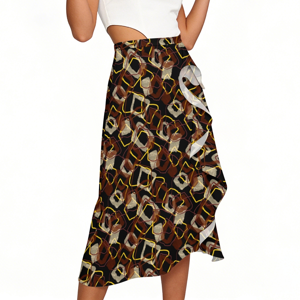 Geometric Print One-Shoulder Tie Swimsuit with Ruffle Skirt Set