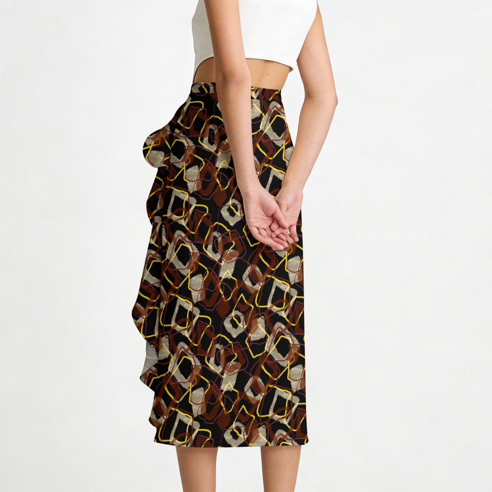 Geometric Print One-Shoulder Tie Swimsuit with Ruffle Skirt Set