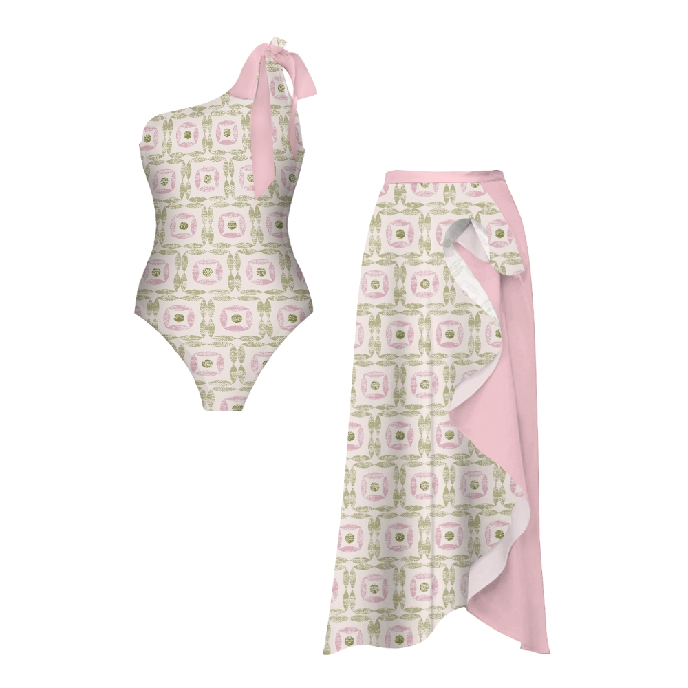 Pink & Green Geometric Print Swimsuit with Ruffle Skirt Set