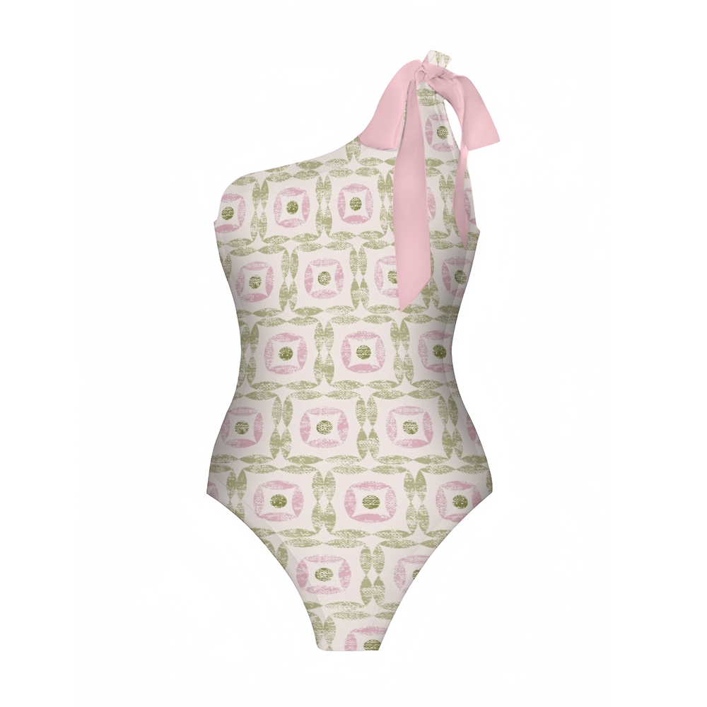 Pink & Green Geometric Print Swimsuit with Ruffle Skirt Set