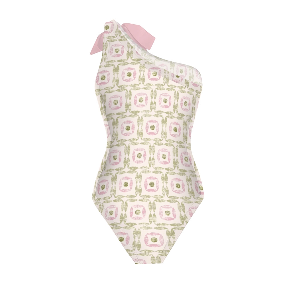 Pink & Green Geometric Print Swimsuit with Ruffle Skirt Set