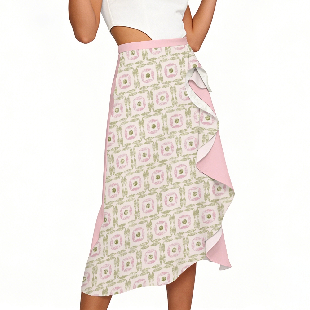Pink & Green Geometric Print Swimsuit with Ruffle Skirt Set