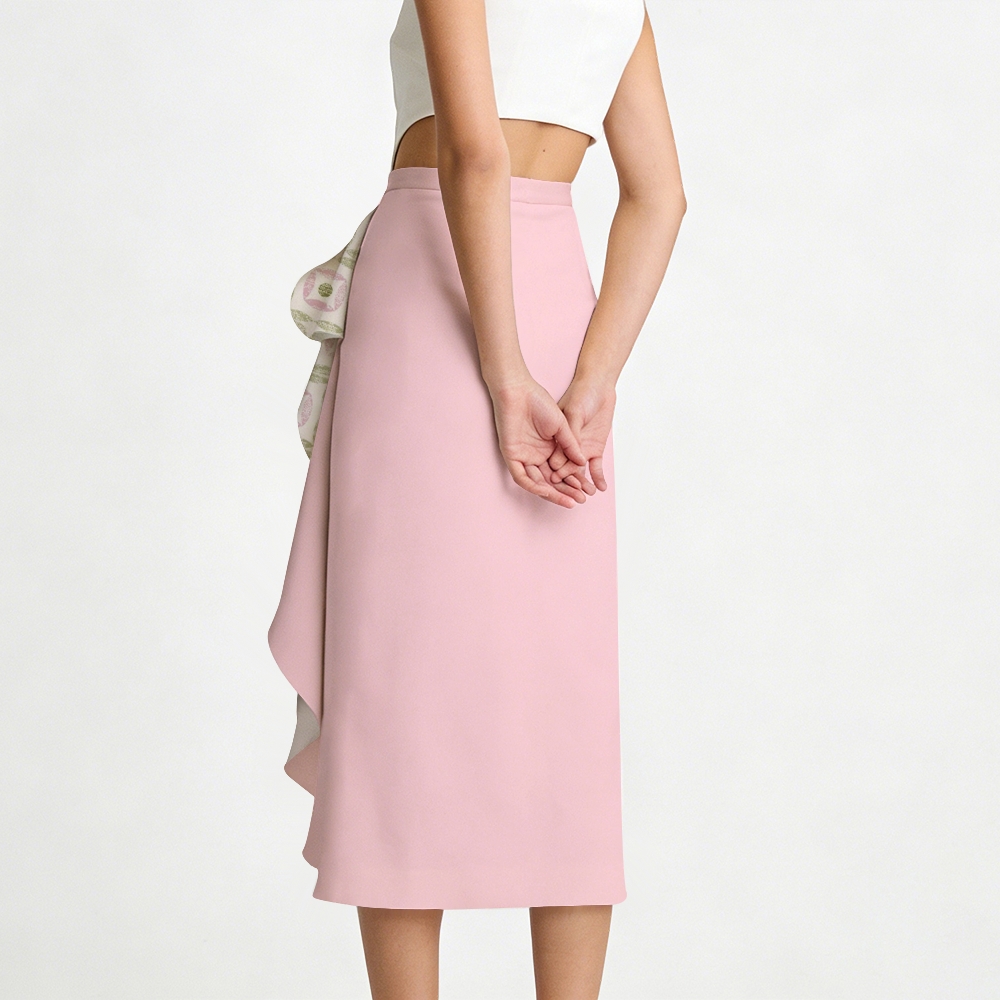 Pink & Green Geometric Print Swimsuit with Ruffle Skirt Set