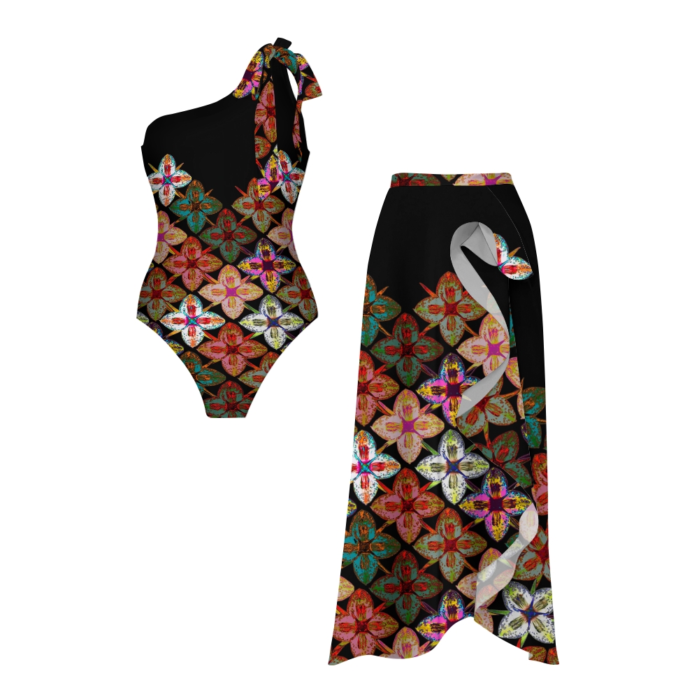 Vibrant Floral Print One-Shoulder Tie Swimsuit with Ruffle Skirt Set