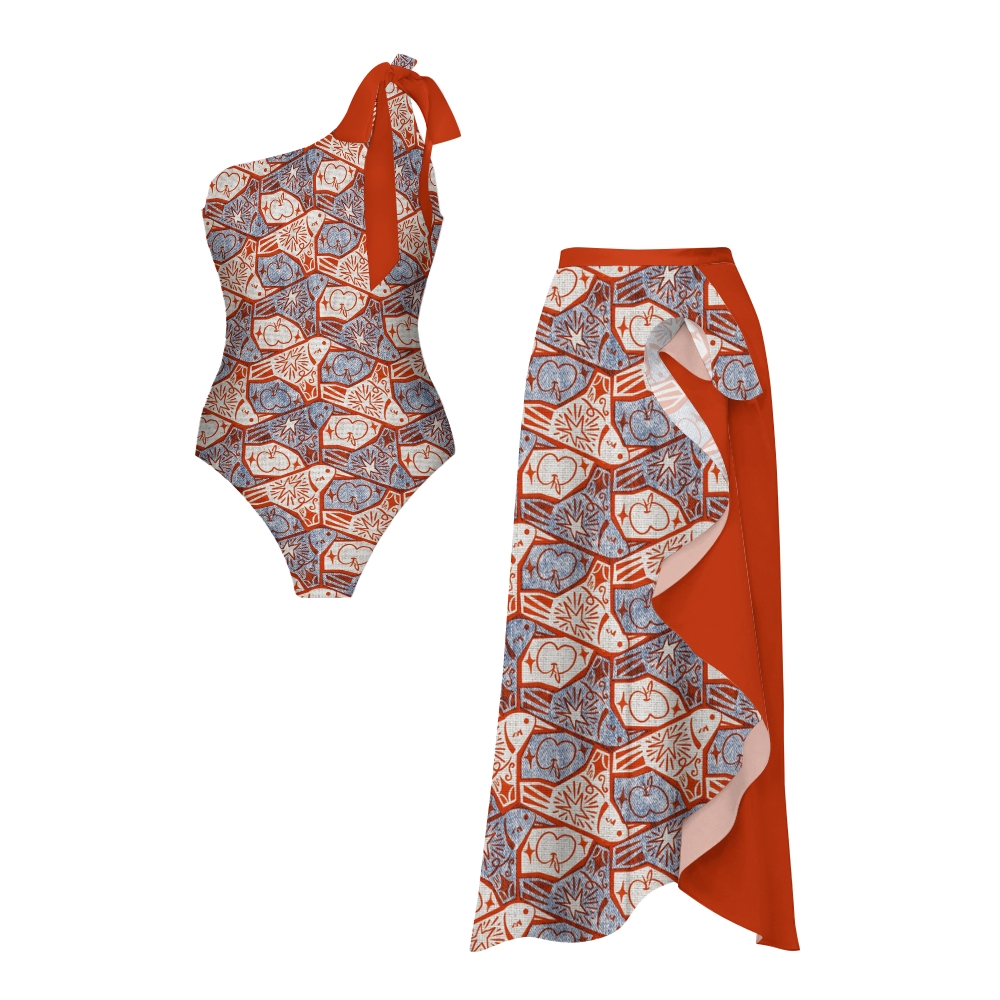 Retro Apple Print One-Shoulder Tie Swimsuit with Ruffle Skirt Set