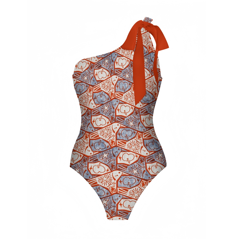 Retro Apple Print One-Shoulder Tie Swimsuit with Ruffle Skirt Set