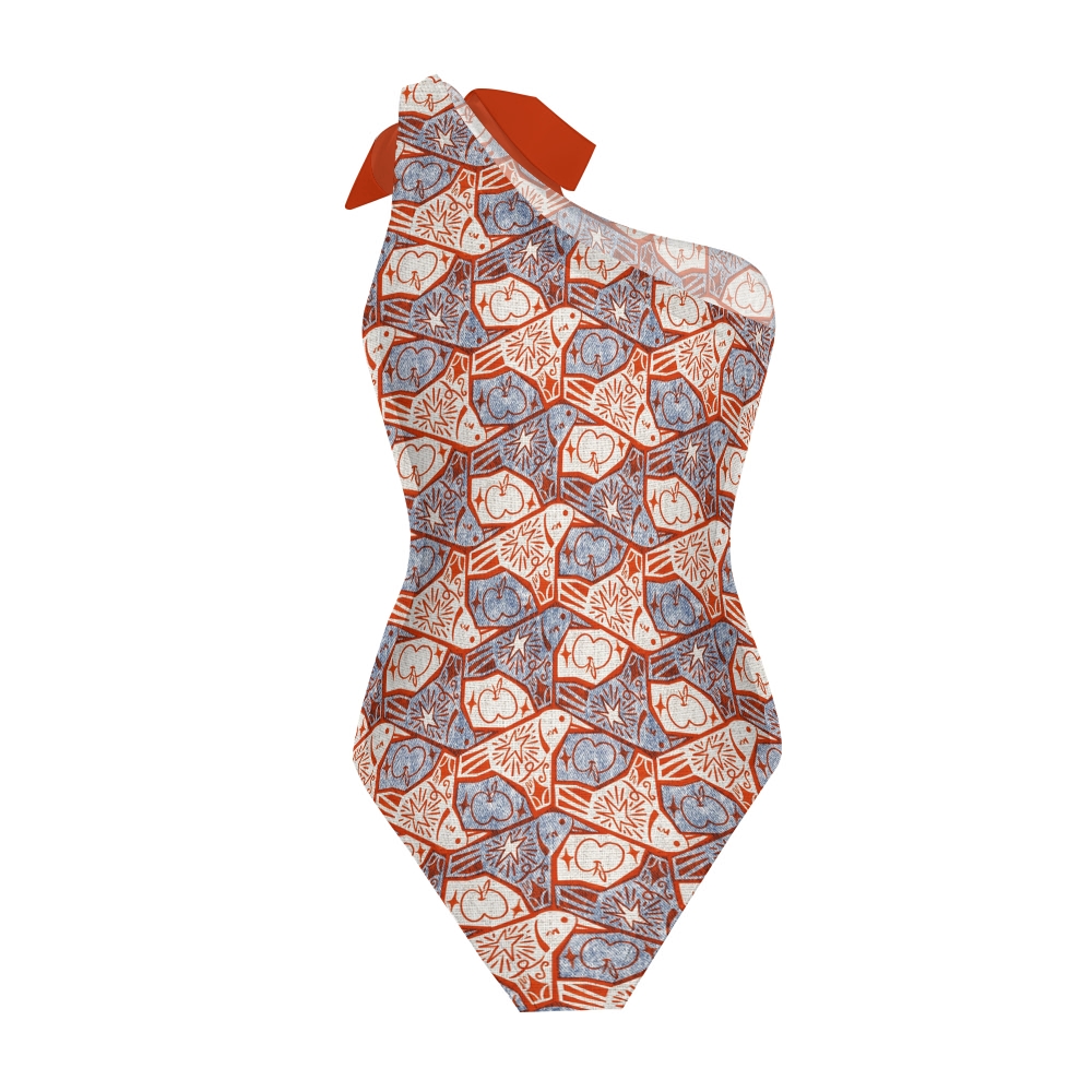 Retro Apple Print One-Shoulder Tie Swimsuit with Ruffle Skirt Set