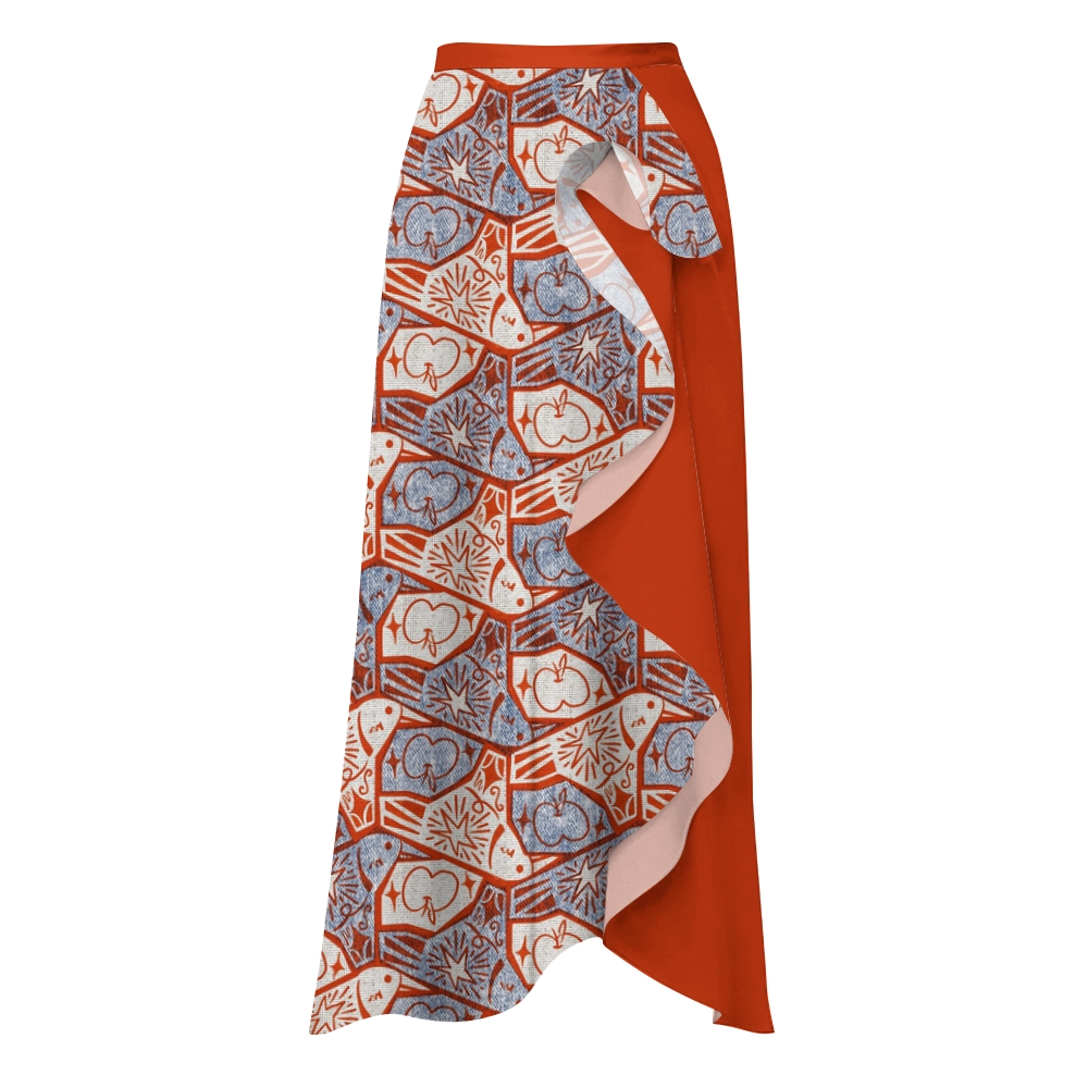 Retro Apple Print One-Shoulder Tie Swimsuit with Ruffle Skirt Set