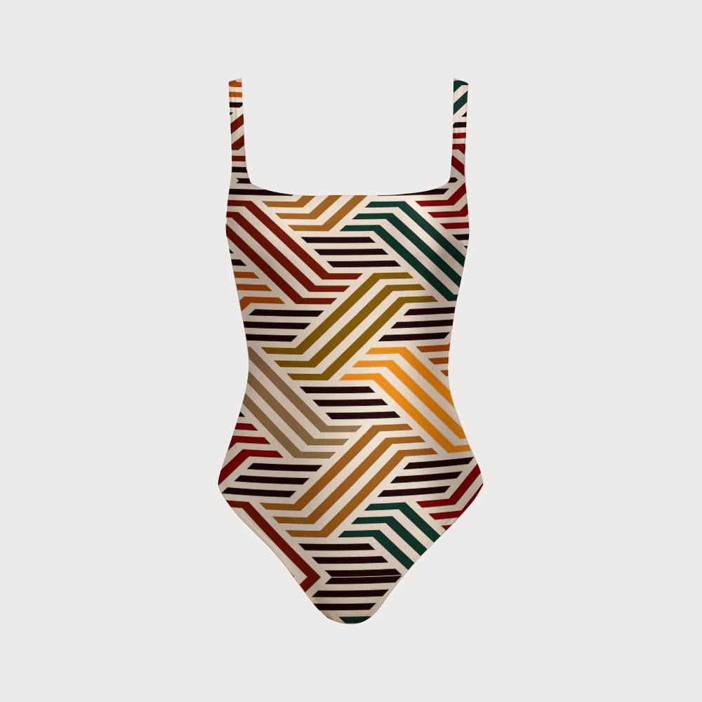 Memphis Style Color Block Geometric Stripe Print Cutout One-Piece 