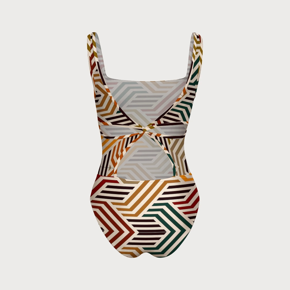 Memphis Style Color Block Geometric Stripe Print Cutout One-Piece 