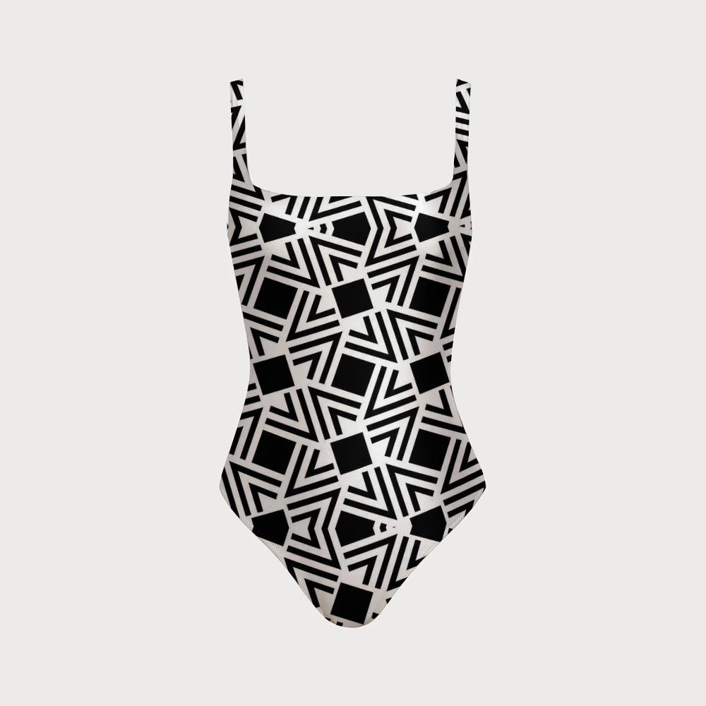 Bauhaus Minimalist Black and White Geometric Cutout One-Piece Swimsuit