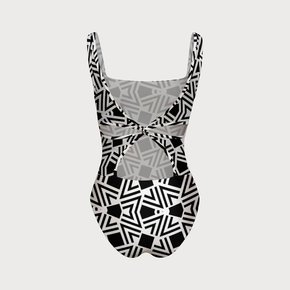 Bauhaus Minimalist Black and White Geometric Cutout One-Piece Swimsuit
