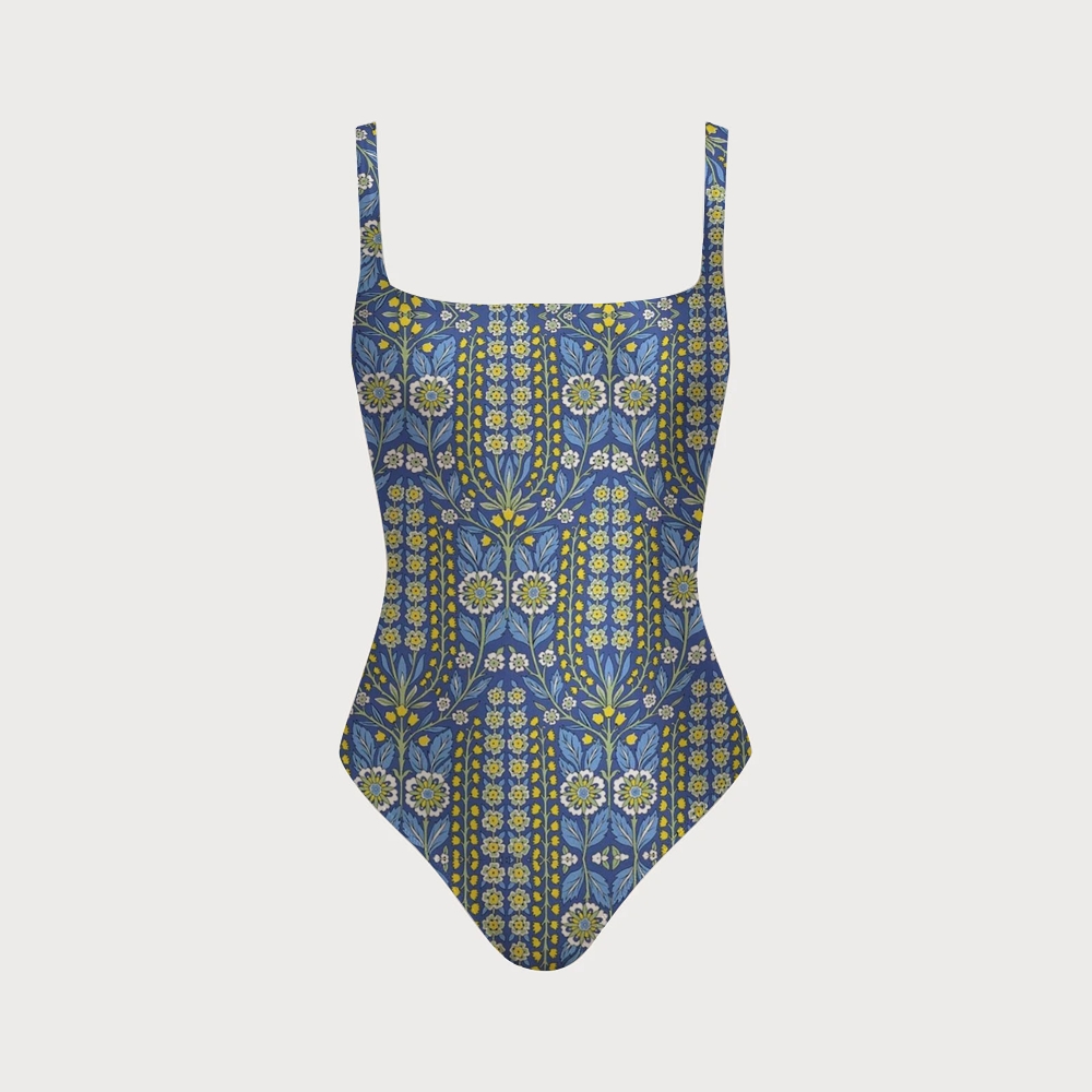 William Morris Blue Background Floral Vine Back Cross One-Piece