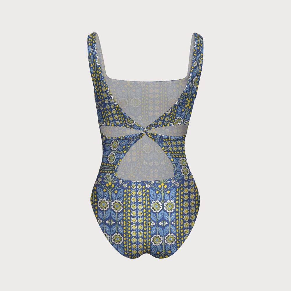 William Morris Blue Background Floral Vine Back Cross One-Piece