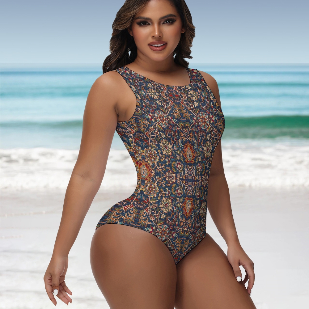 Vintage Persian Floral Pattern Square Neck Back Cross One-Piece