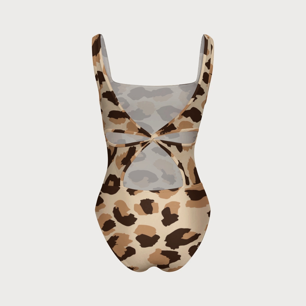 Retro Wild Leopard Print Square Neck Back Cross One-Piece