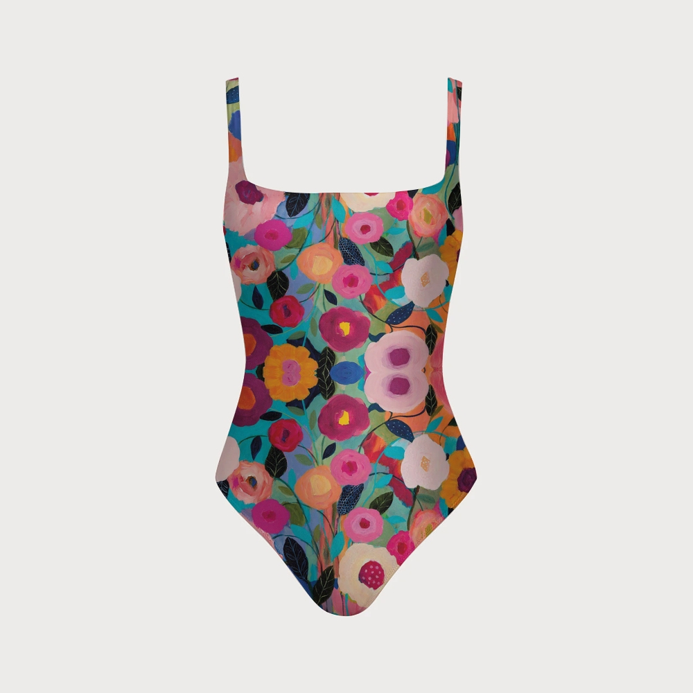 Colorful Floral Oil Painting Square Neck Back Cross Cutout One-Piece 