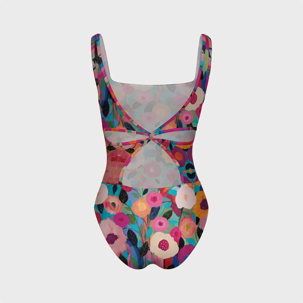 Colorful Floral Oil Painting Square Neck Back Cross Cutout One-Piece 