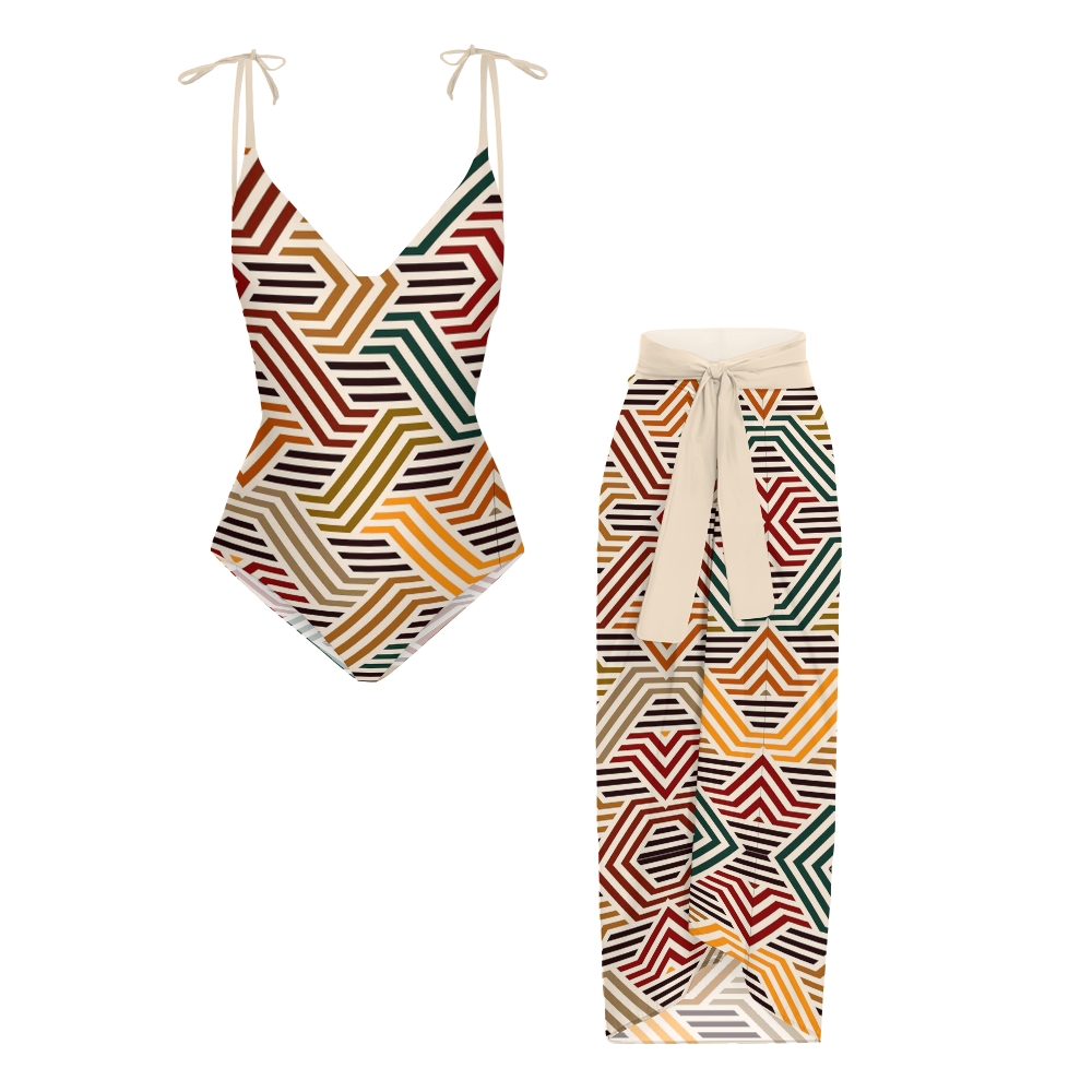 Memphis Style Color Block Geometric Stripe One-Piece Swimsuit with Sheer Skirt