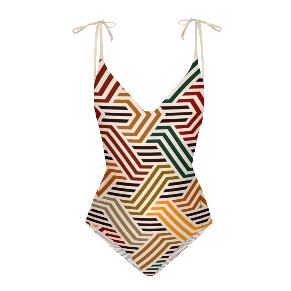 Memphis Style Color Block Geometric Stripe One-Piece Swimsuit with Sheer Skirt