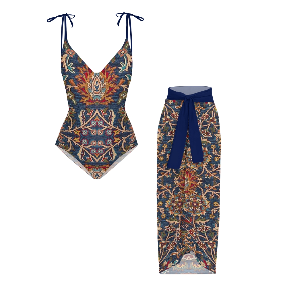Vintage Persian Floral Pattern One-Piece Swimsuit with Sheer Skirt