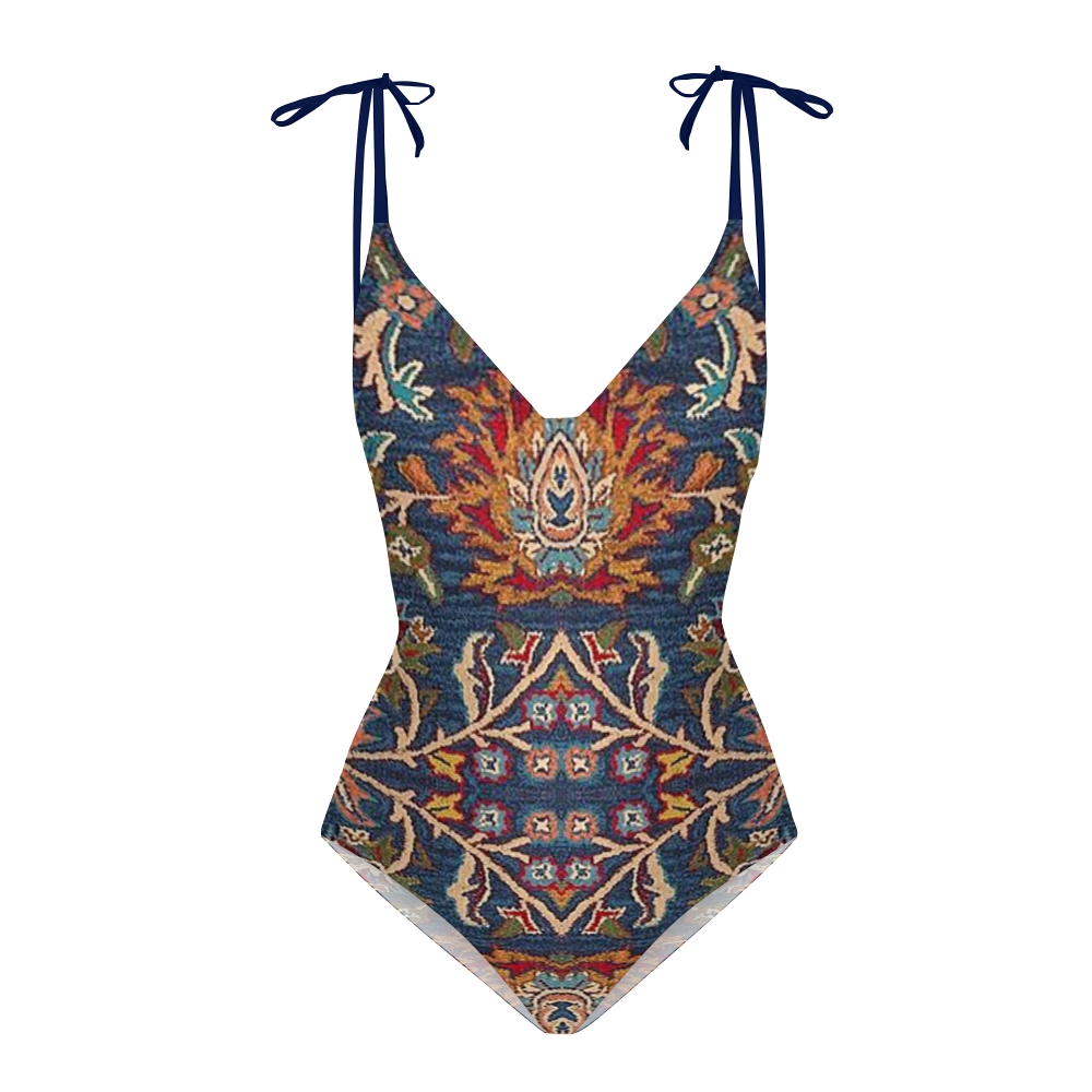 Vintage Persian Floral Pattern One-Piece Swimsuit with Sheer Skirt