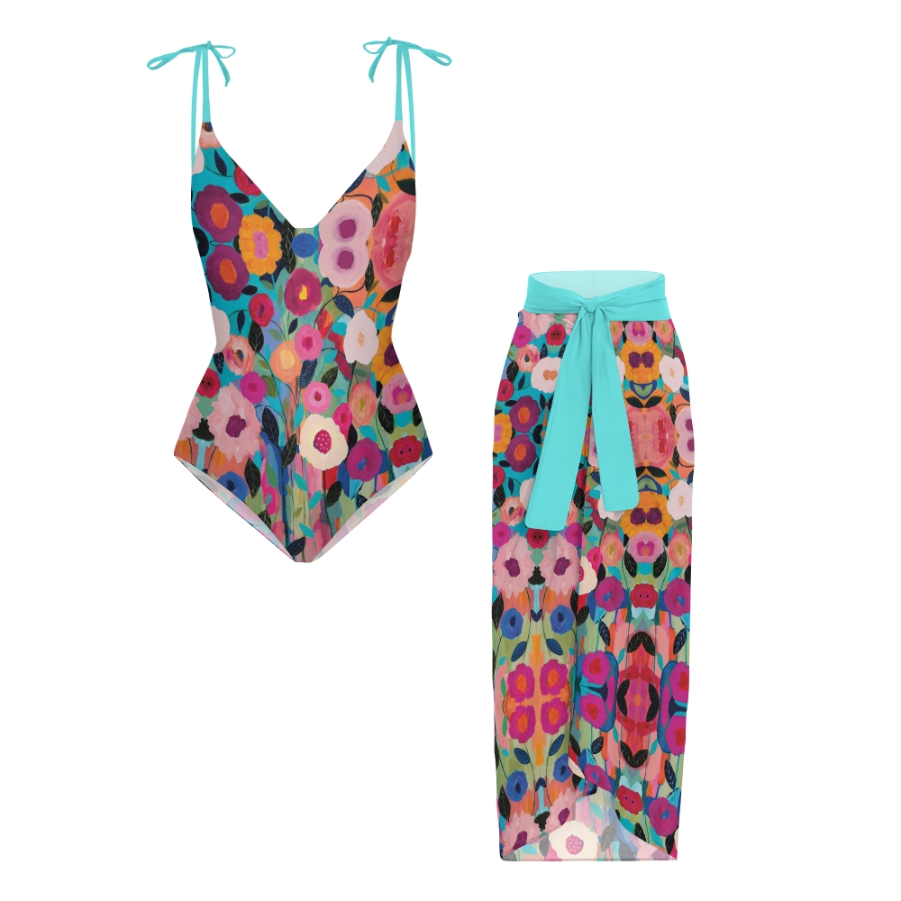 Colorful Floral Oil Painting Print One-Piece Swimsuit with Sheer Skirt
