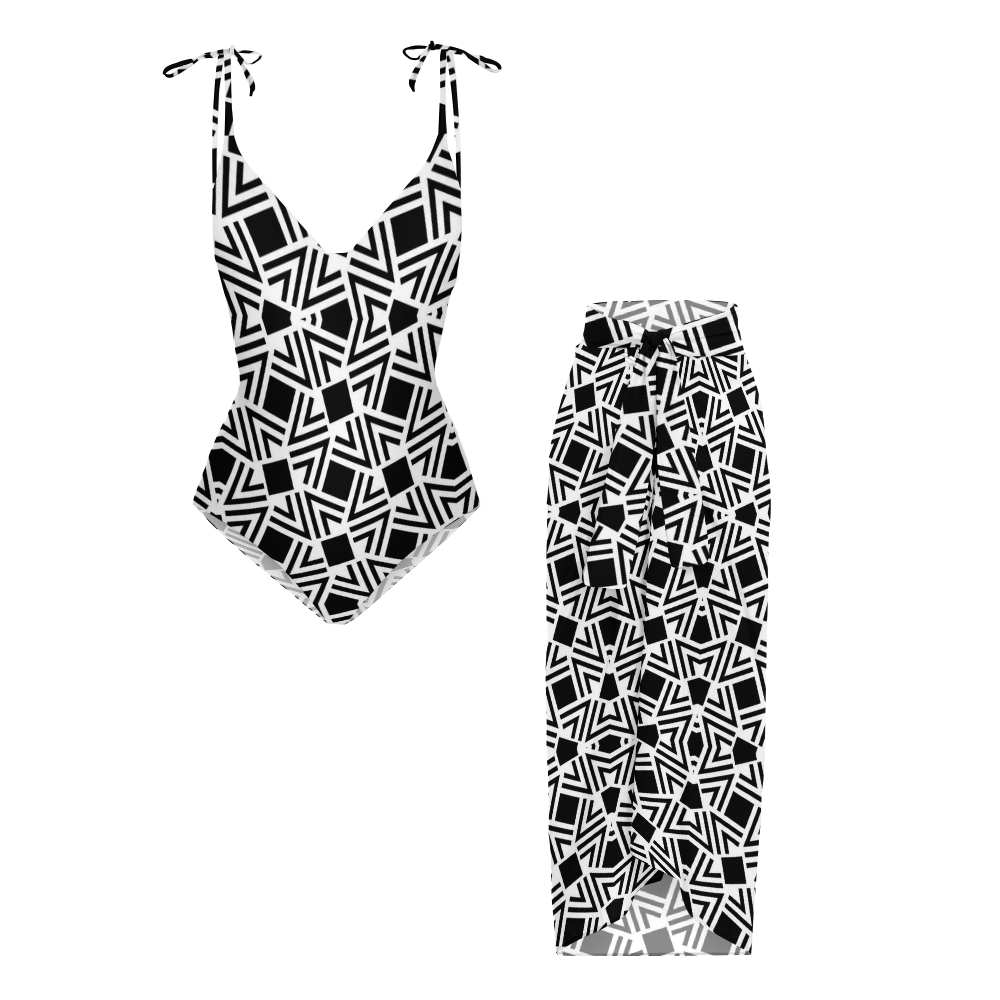Bauhaus Minimalist Black and White Geometric One-Piece Swimsuit with Sheer Skirt