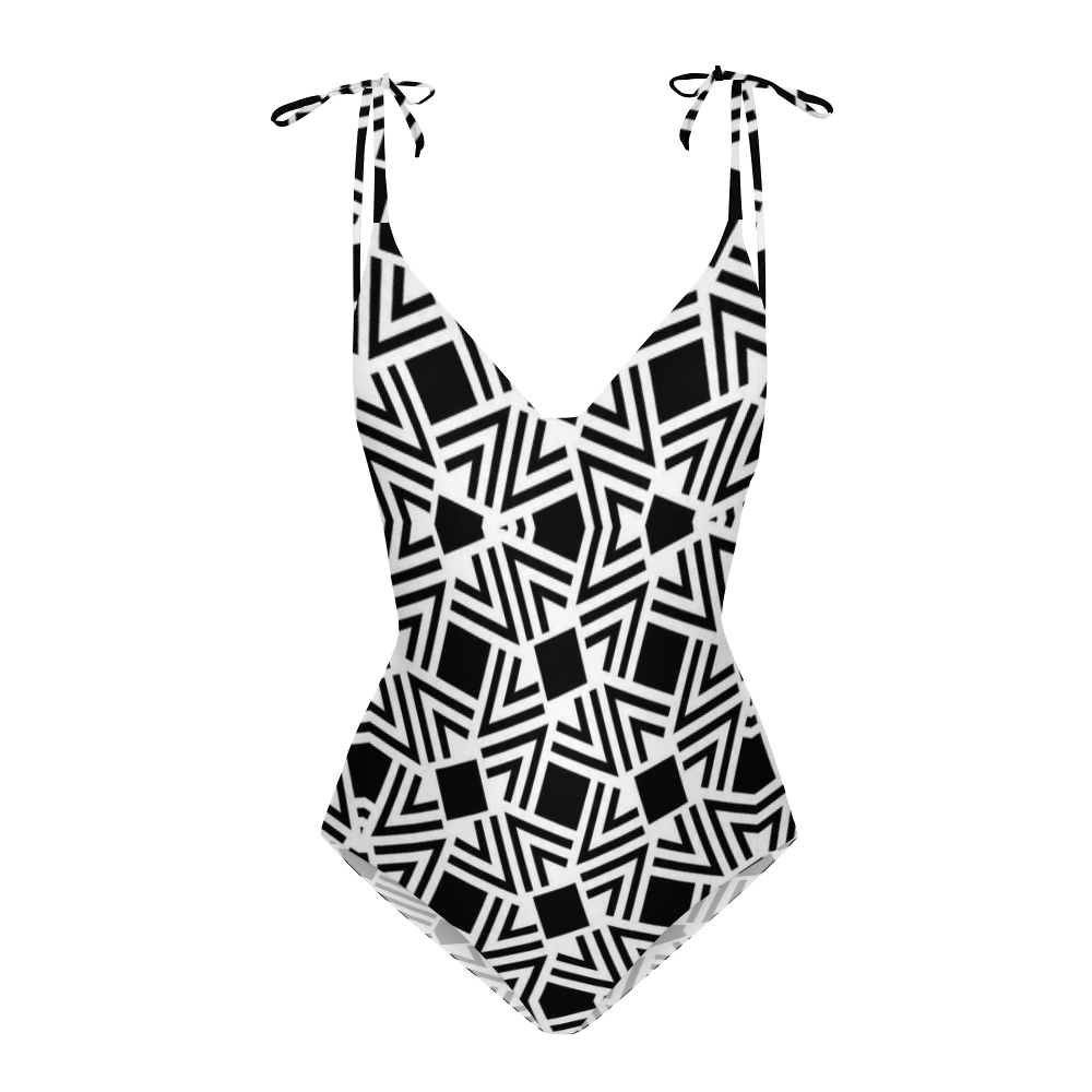 Bauhaus Minimalist Black and White Geometric One-Piece Swimsuit with Sheer Skirt