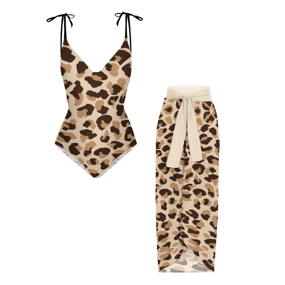 Retro Wild Leopard One-Piece Swimsuit with Sheer Skirt